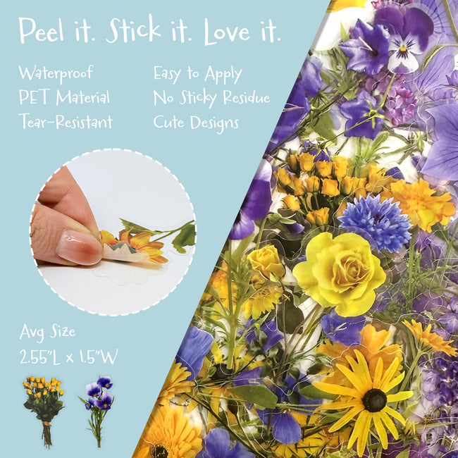Wrapables Floral PET Stickers for Scrapbooking, Junk Journals, Stationery, Water Bottles, Phones, Laptops (120pcs), Blue Yellow Lavender