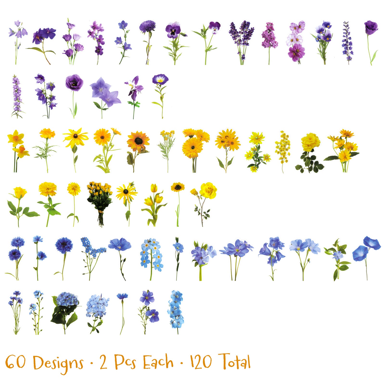 Wrapables Floral PET Stickers for Scrapbooking, Junk Journals, Stationery, Water Bottles, Phones, Laptops (120pcs), Blue Yellow Lavender