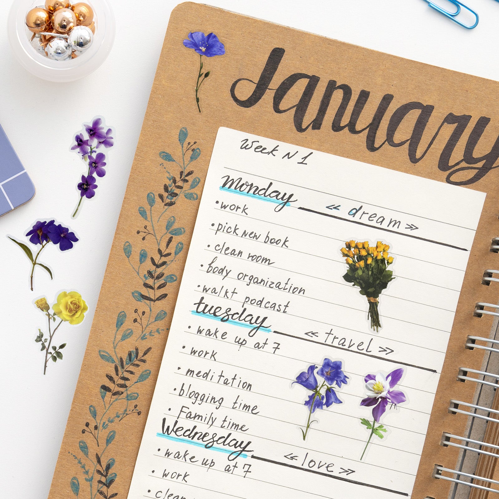 Wrapables Floral PET Stickers for Scrapbooking, Junk Journals, Stationery, Water Bottles, Phones, Laptops (120pcs), Blue Yellow Lavender