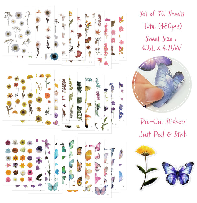 Wrapables Pressed Flower Themed PET Stickers for Scrapbooking, Journals, Stationery, DIY, Crafts, Water Bottles, Phones, Laptops (480pcs), 36 Sheets