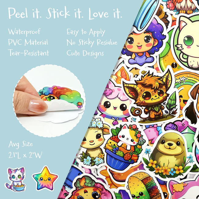 Wrapables Waterproof Vinyl Stickers for Water Bottles, Laptop, Phones, Skateboards, Decals for Teens, 100pcs, Cute Characters