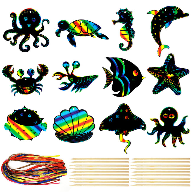 Wrapables 36pc Rainbow Scratch Arts Ornaments, DIY Magic Scratch Arts and Crafts