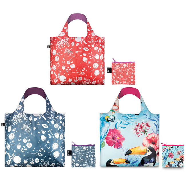 LOQI Seed Reusable Shopping Bags (Set of 3), Ash, Coral, Birds