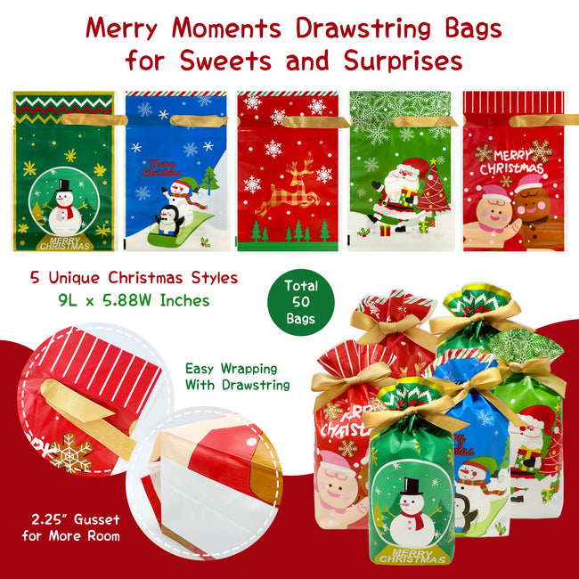 Wrapables Christmas Drawstring Treat Bags for Candy, Cookies, Treats, Gifts and Party Favors (50pcs)