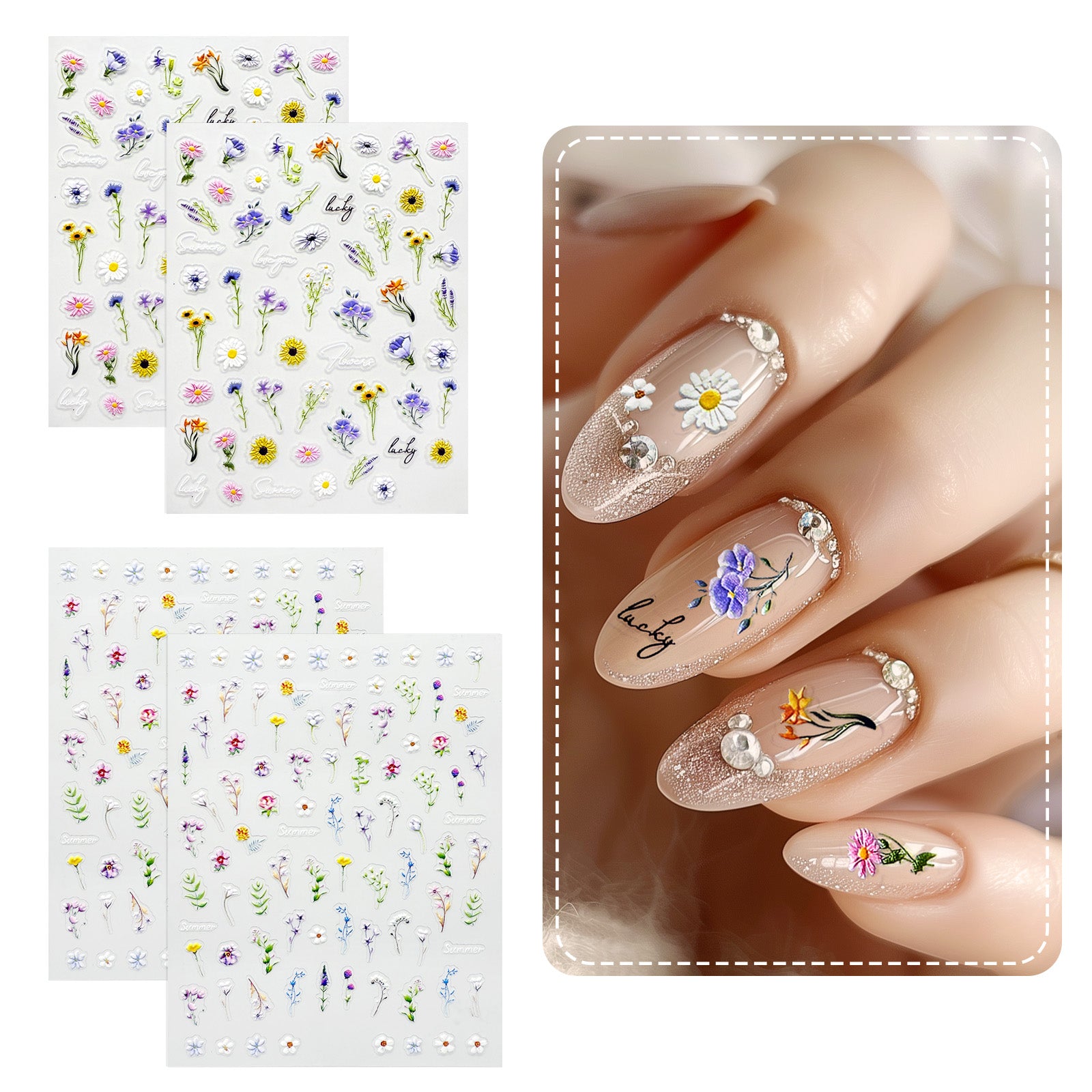Wrapables 5D Embossed Colorful Flowers Nail Art Decal Stickers, Self Adhesive 3D Floral Design (Set of 4)