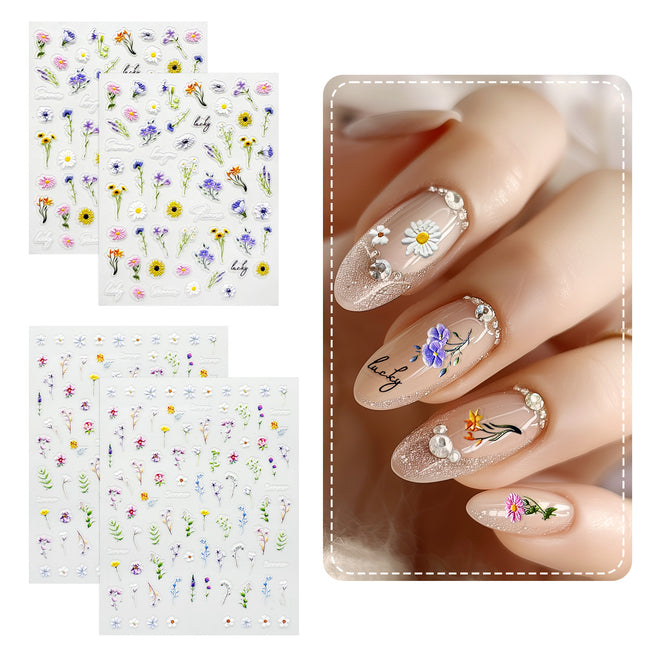 Wrapables 5D Embossed Colorful Flowers Nail Art Decal Stickers, Self Adhesive 3D Floral Design (Set of 4)