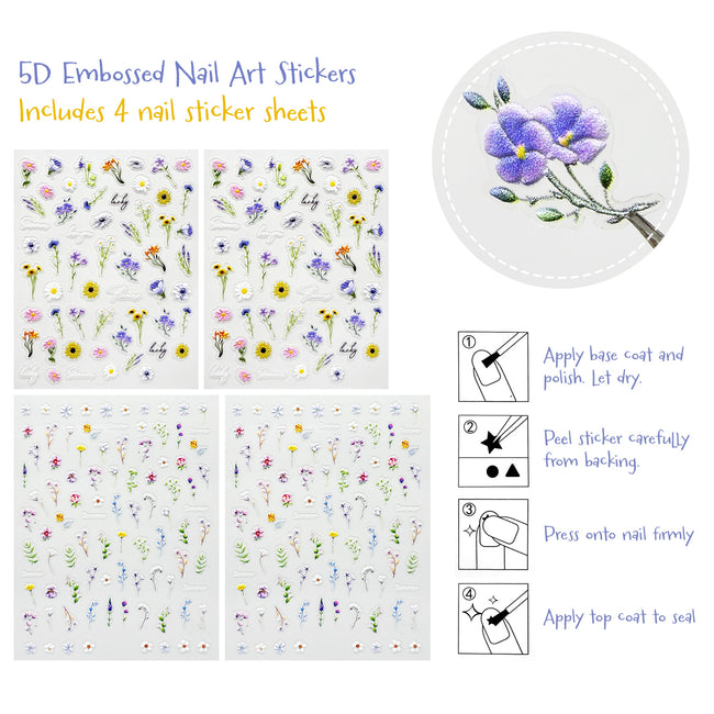 Wrapables 5D Embossed Colorful Flowers Nail Art Decal Stickers, Self Adhesive 3D Floral Design (Set of 4)