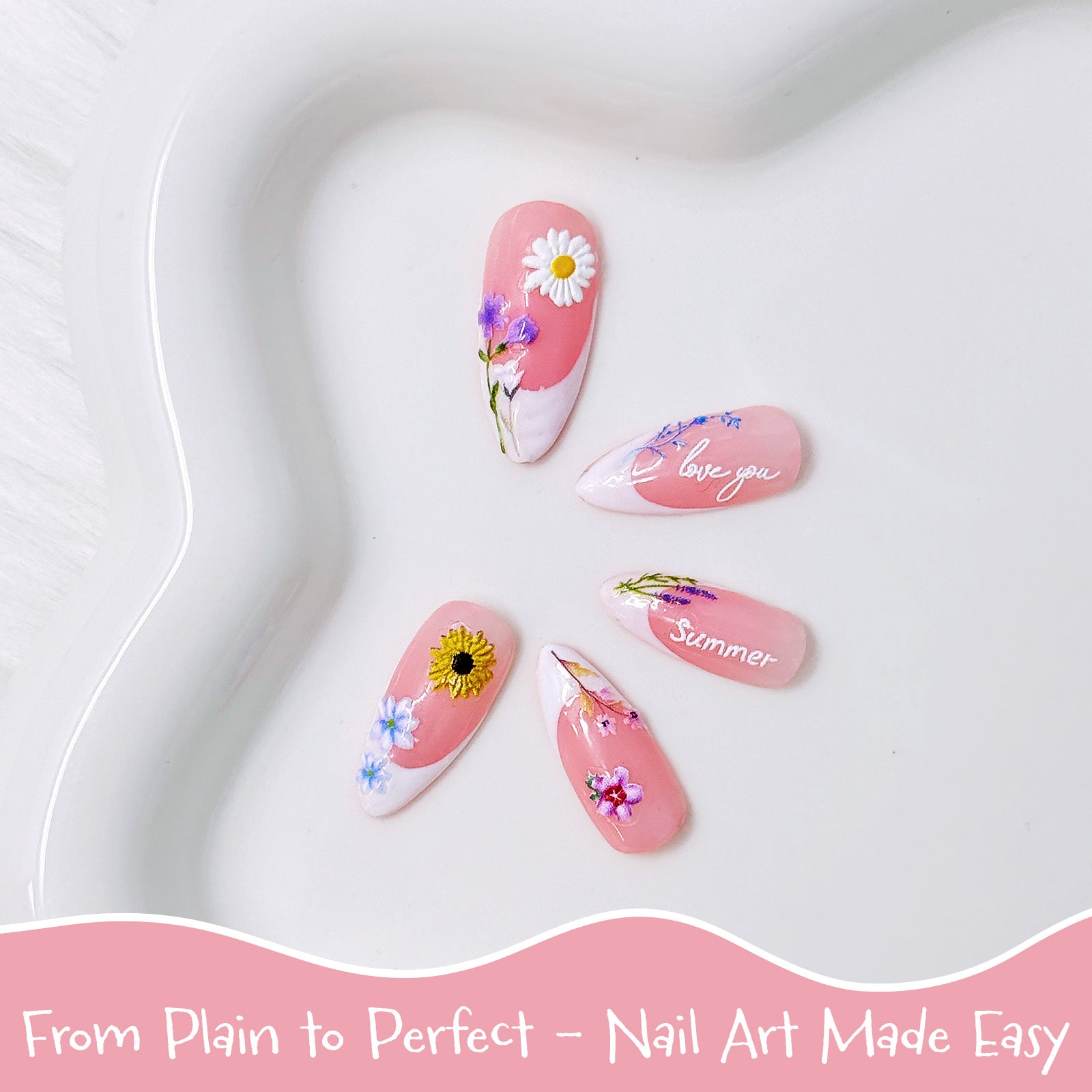 Wrapables 5D Embossed Colorful Flowers Nail Art Decal Stickers, Self Adhesive 3D Floral Design (Set of 4)