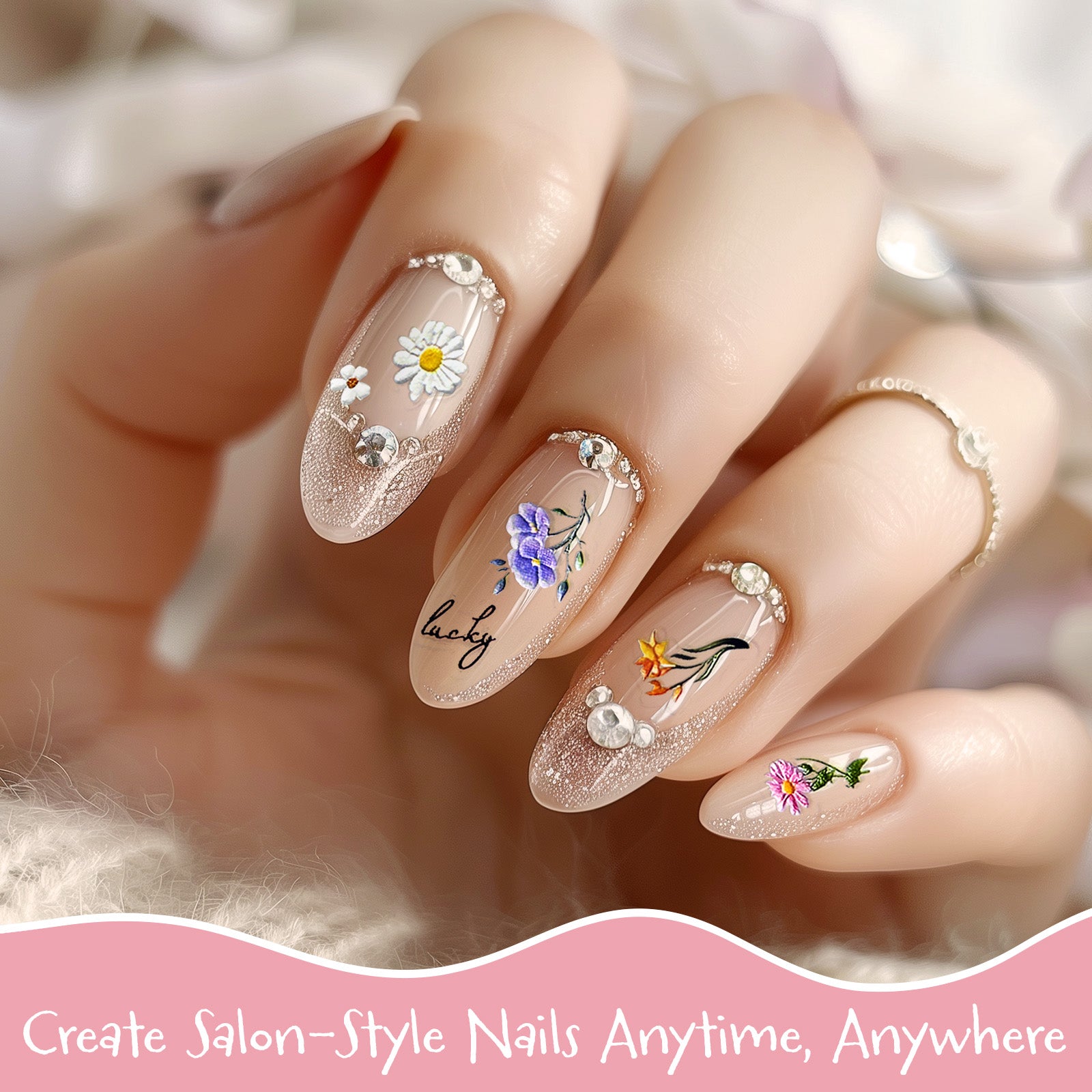 Wrapables 5D Embossed Colorful Flowers Nail Art Decal Stickers, Self Adhesive 3D Floral Design (Set of 4)