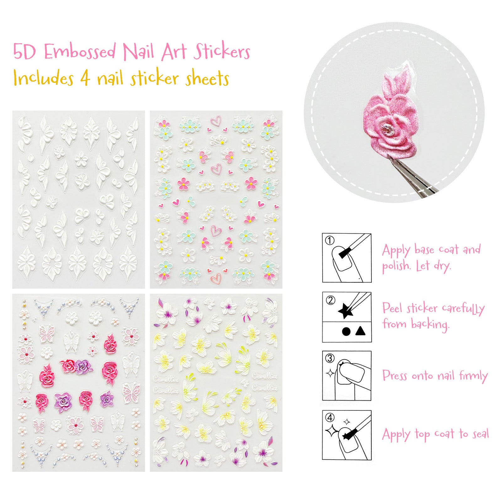 Wrapables 5D Embossed Colorful Flowers Nail Art Decal Stickers, Self Adhesive 3D Floral Design (Set of 4)