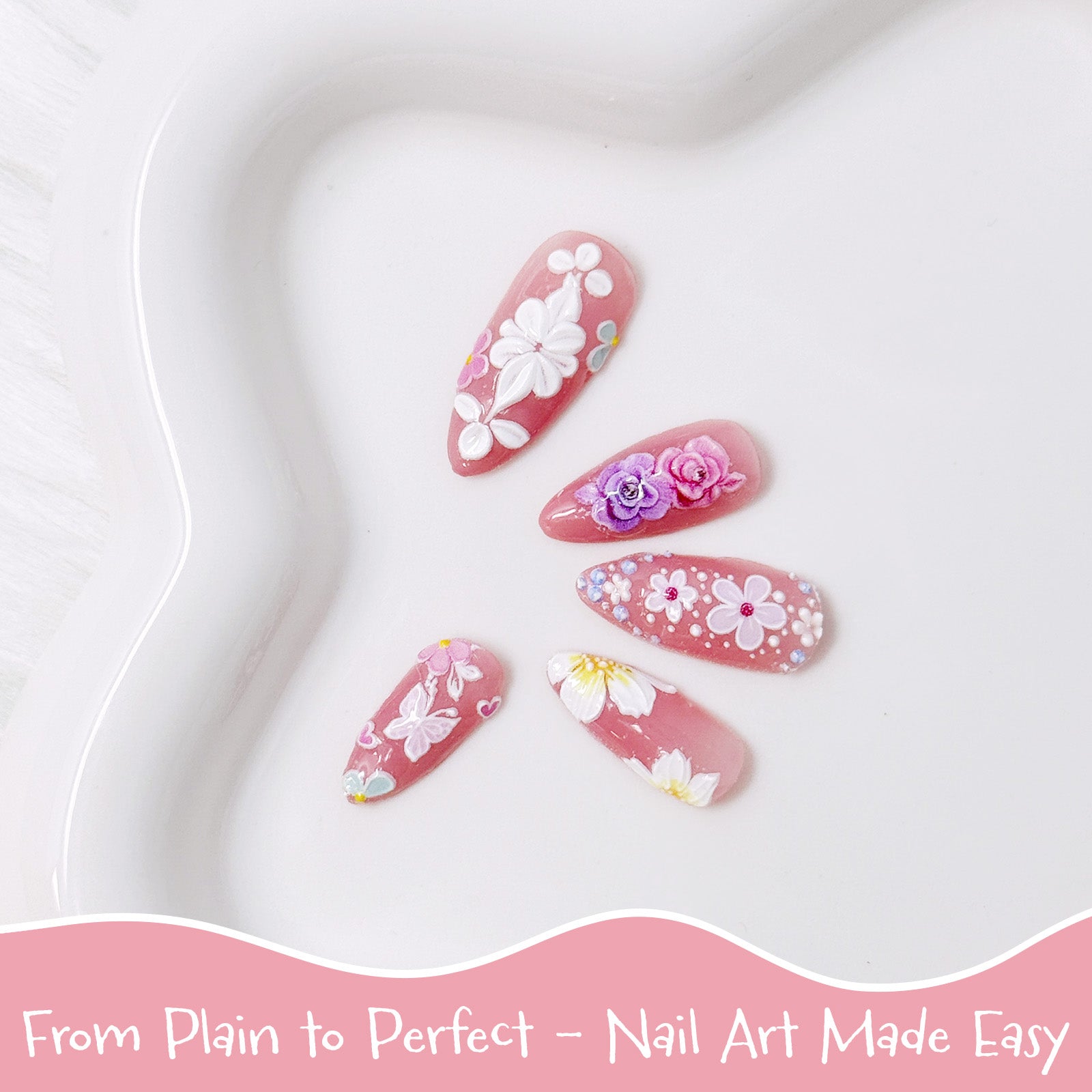 Wrapables 5D Embossed Colorful Flowers Nail Art Decal Stickers, Self Adhesive 3D Floral Design (Set of 4)