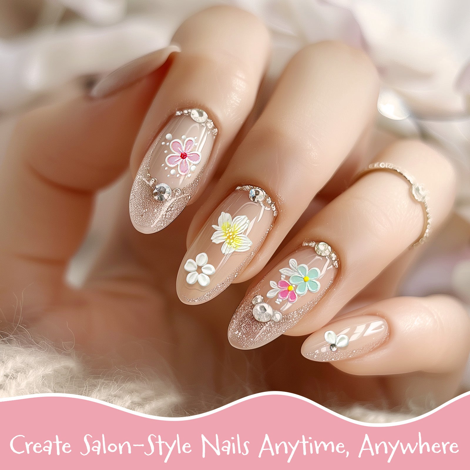 Wrapables 5D Embossed Colorful Flowers Nail Art Decal Stickers, Self Adhesive 3D Floral Design (Set of 4)