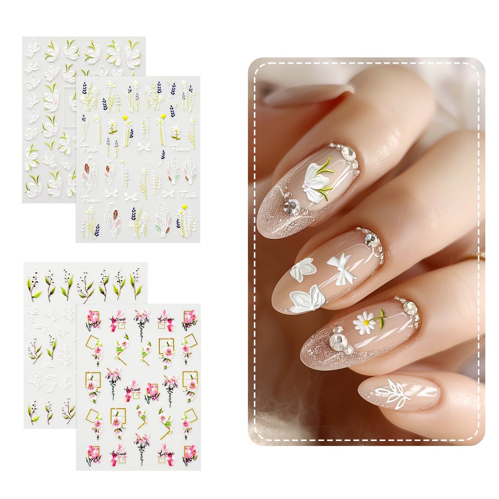 Wrapables 5D Embossed Colorful Flowers Nail Art Decal Stickers, Self Adhesive 3D Floral Design (Set of 4)