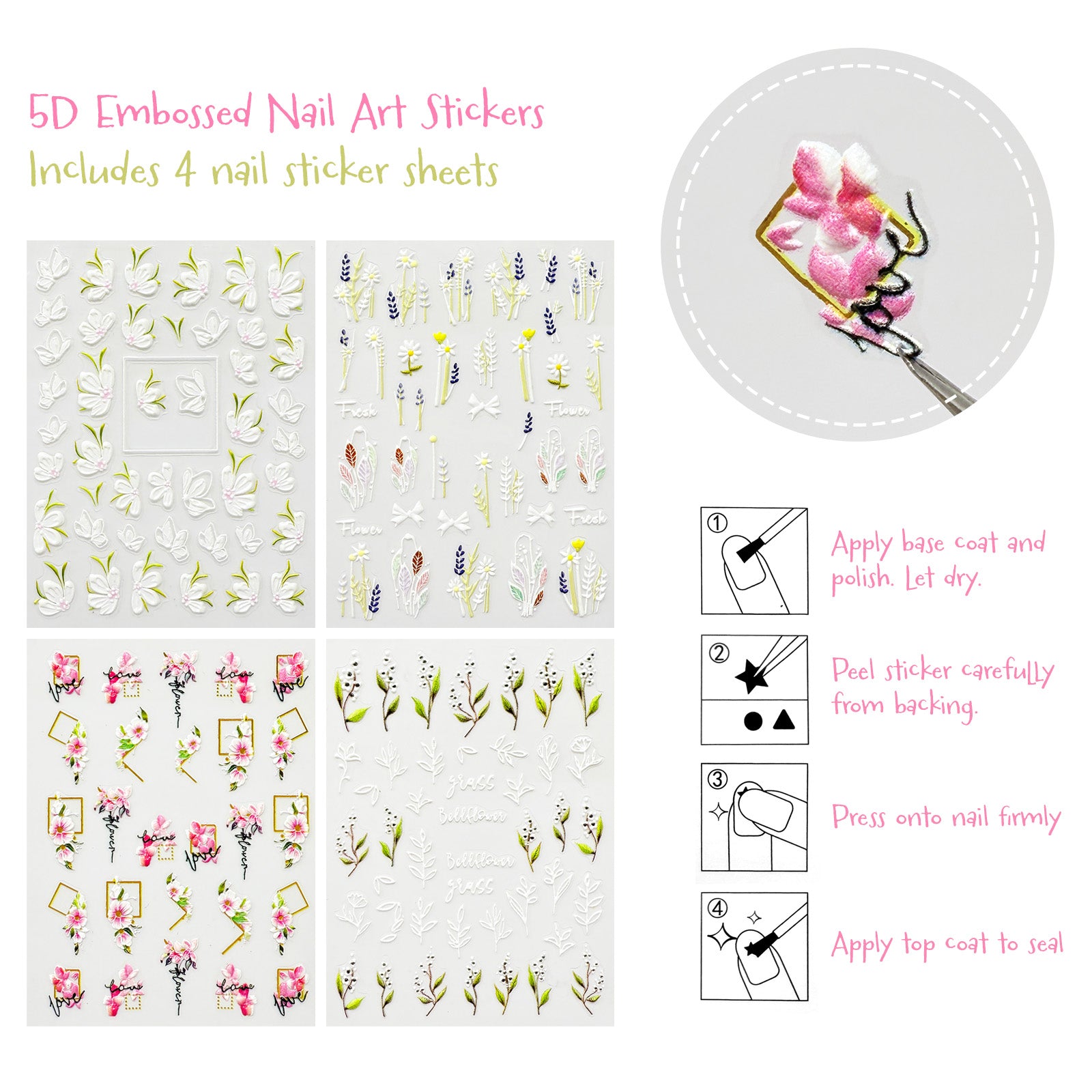 Wrapables 5D Embossed Colorful Flowers Nail Art Decal Stickers, Self Adhesive 3D Floral Design (Set of 4)