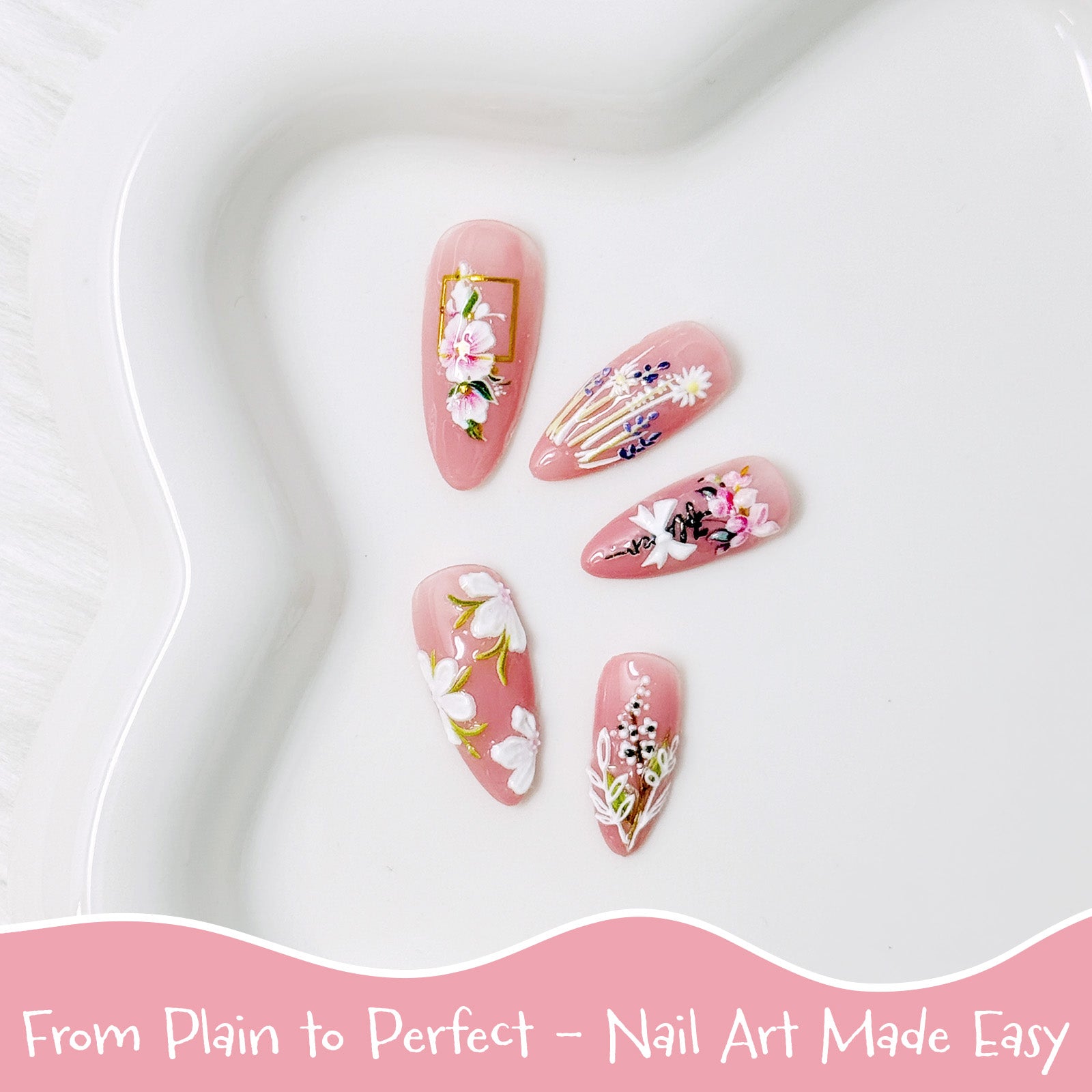 Wrapables 5D Embossed Colorful Flowers Nail Art Decal Stickers, Self Adhesive 3D Floral Design (Set of 4)