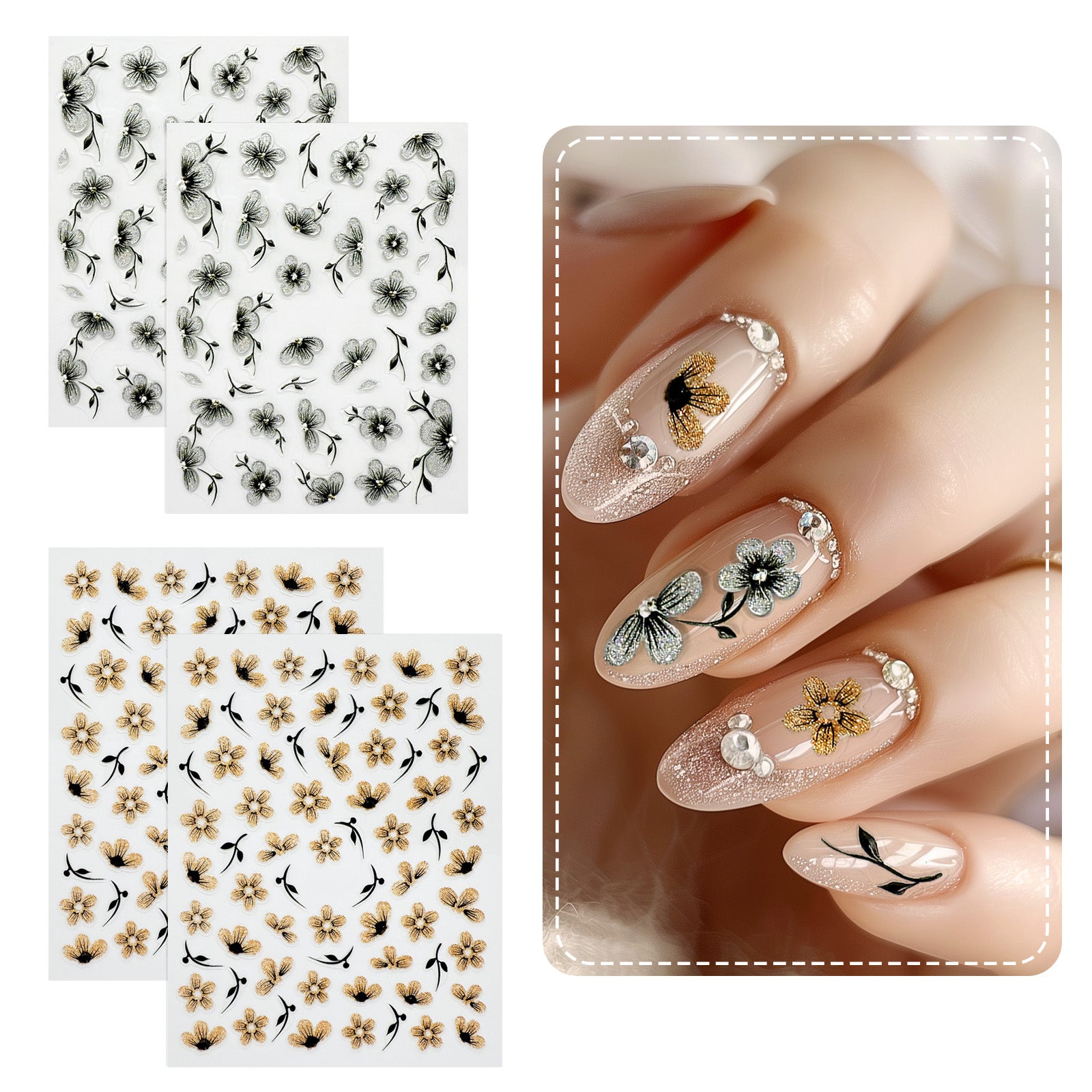 Wrapables 5D Embossed Colorful Flowers Nail Art Decal Stickers, Self Adhesive 3D Floral Design (Set of 4)