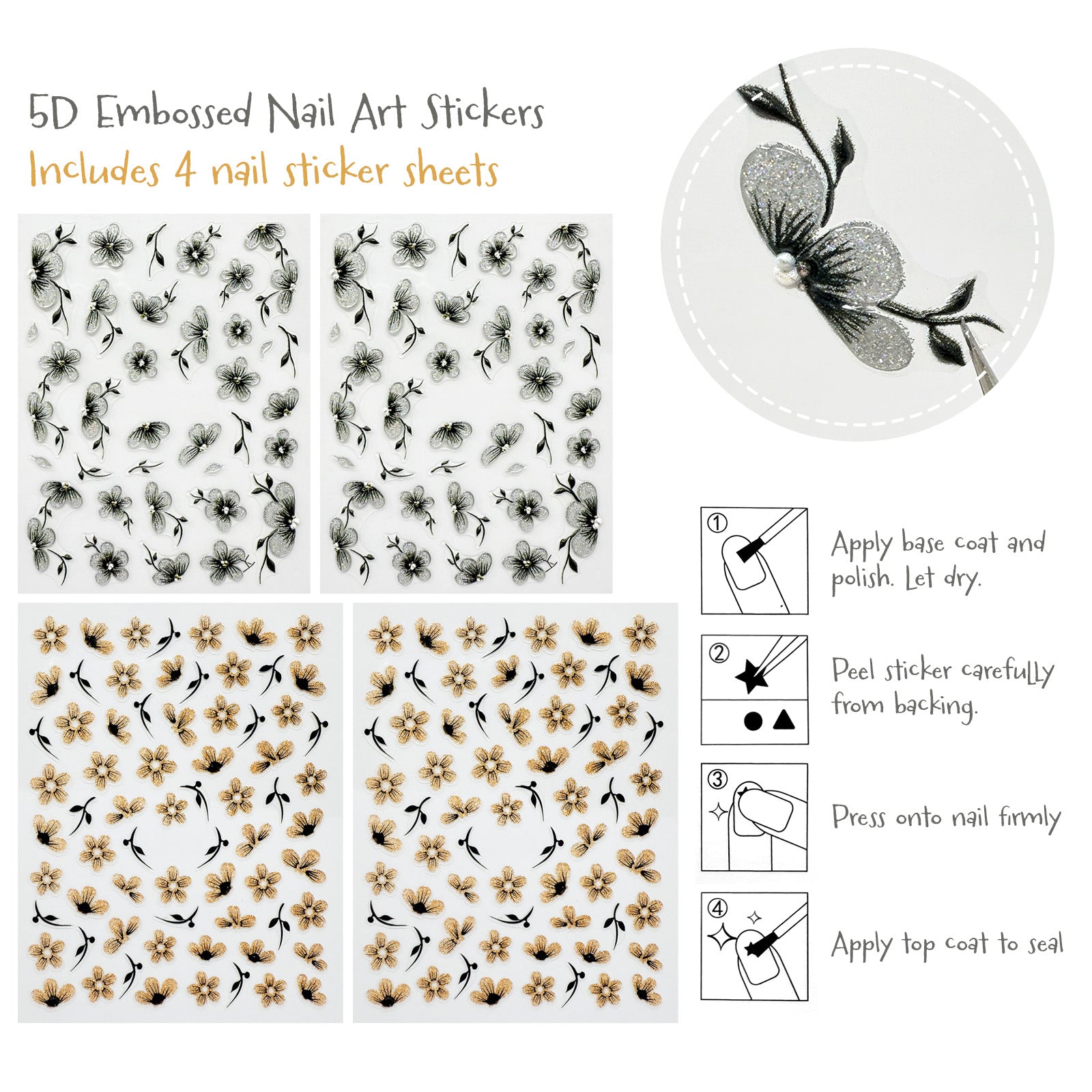 Wrapables 5D Embossed Colorful Flowers Nail Art Decal Stickers, Self Adhesive 3D Floral Design (Set of 4)