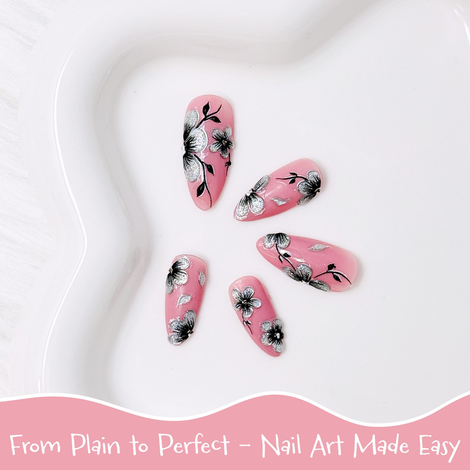 Wrapables 5D Embossed Colorful Flowers Nail Art Decal Stickers, Self Adhesive 3D Floral Design (Set of 4)