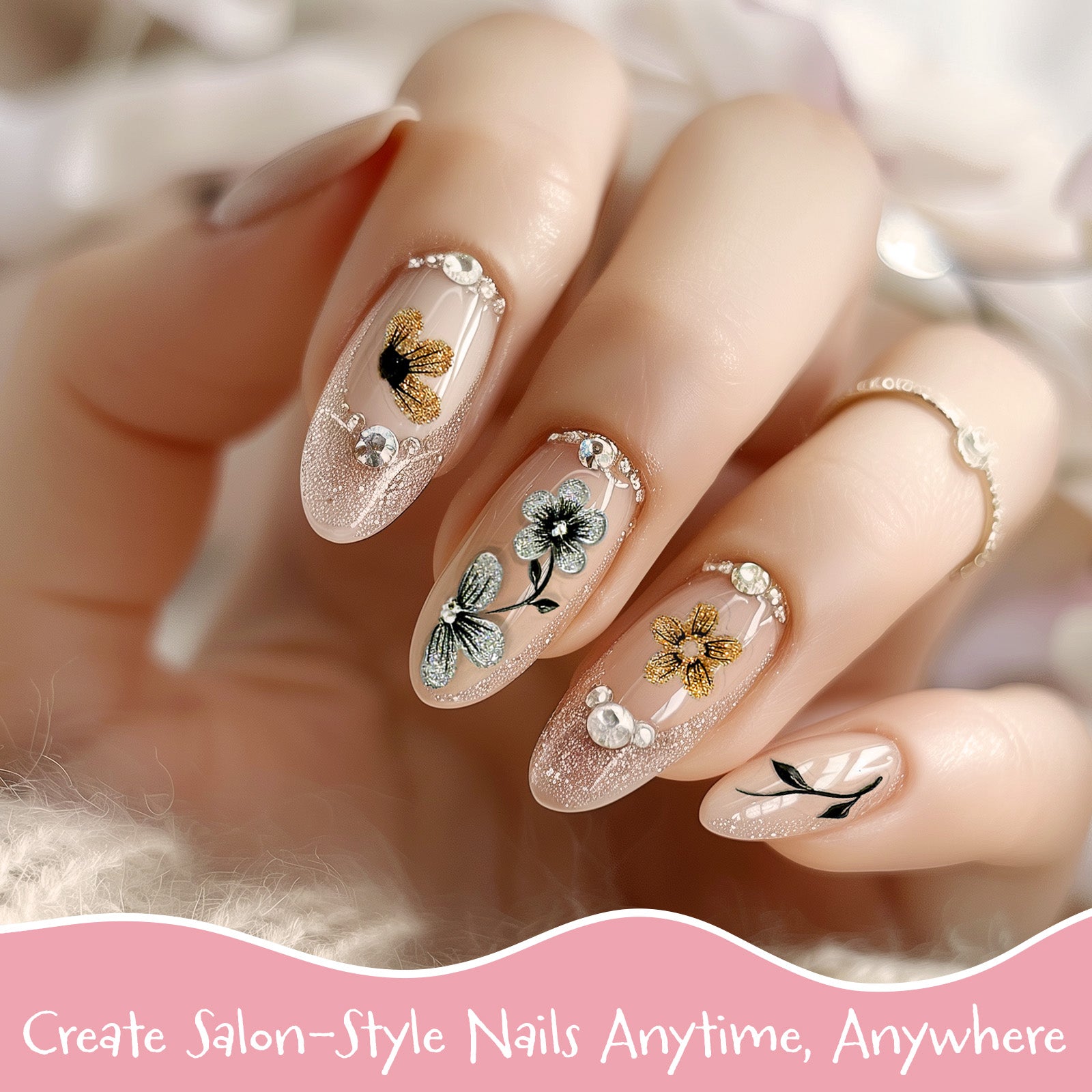 Wrapables 5D Embossed Colorful Flowers Nail Art Decal Stickers, Self Adhesive 3D Floral Design (Set of 4)