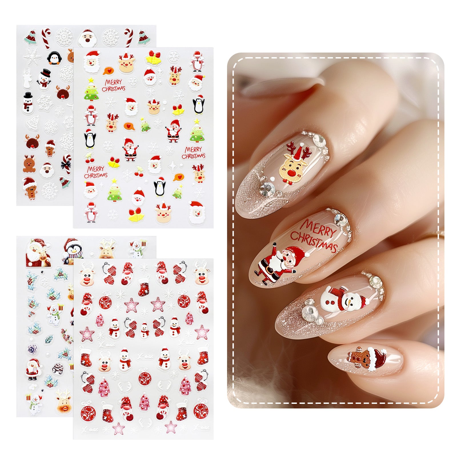 Wrapables 5D Embossed Festive Holiday Nail Art Decal Stickers, Self Adhesive Xmas Design (Set of 4)