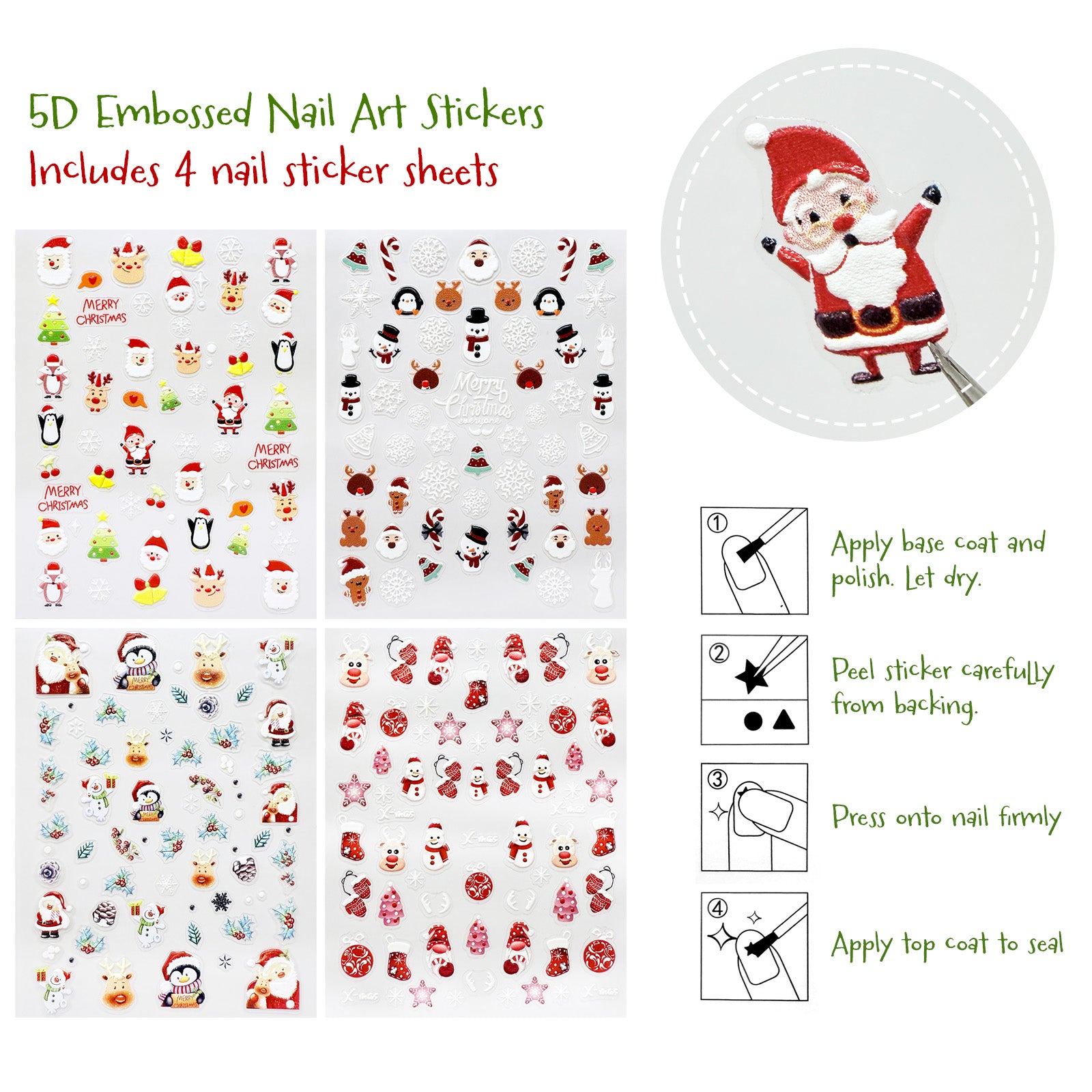 Wrapables 5D Embossed Festive Holiday Nail Art Decal Stickers, Self Adhesive Xmas Design (Set of 4)
