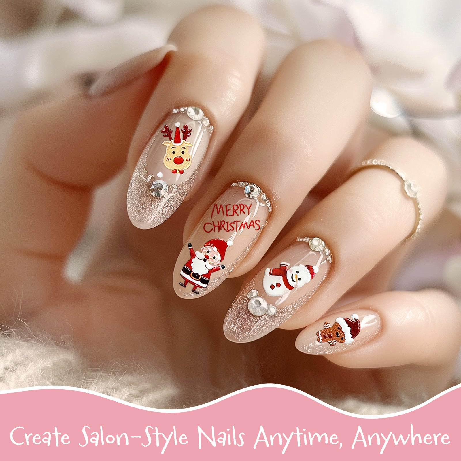 Wrapables 5D Embossed Festive Holiday Nail Art Decal Stickers, Self Adhesive Xmas Design (Set of 4)