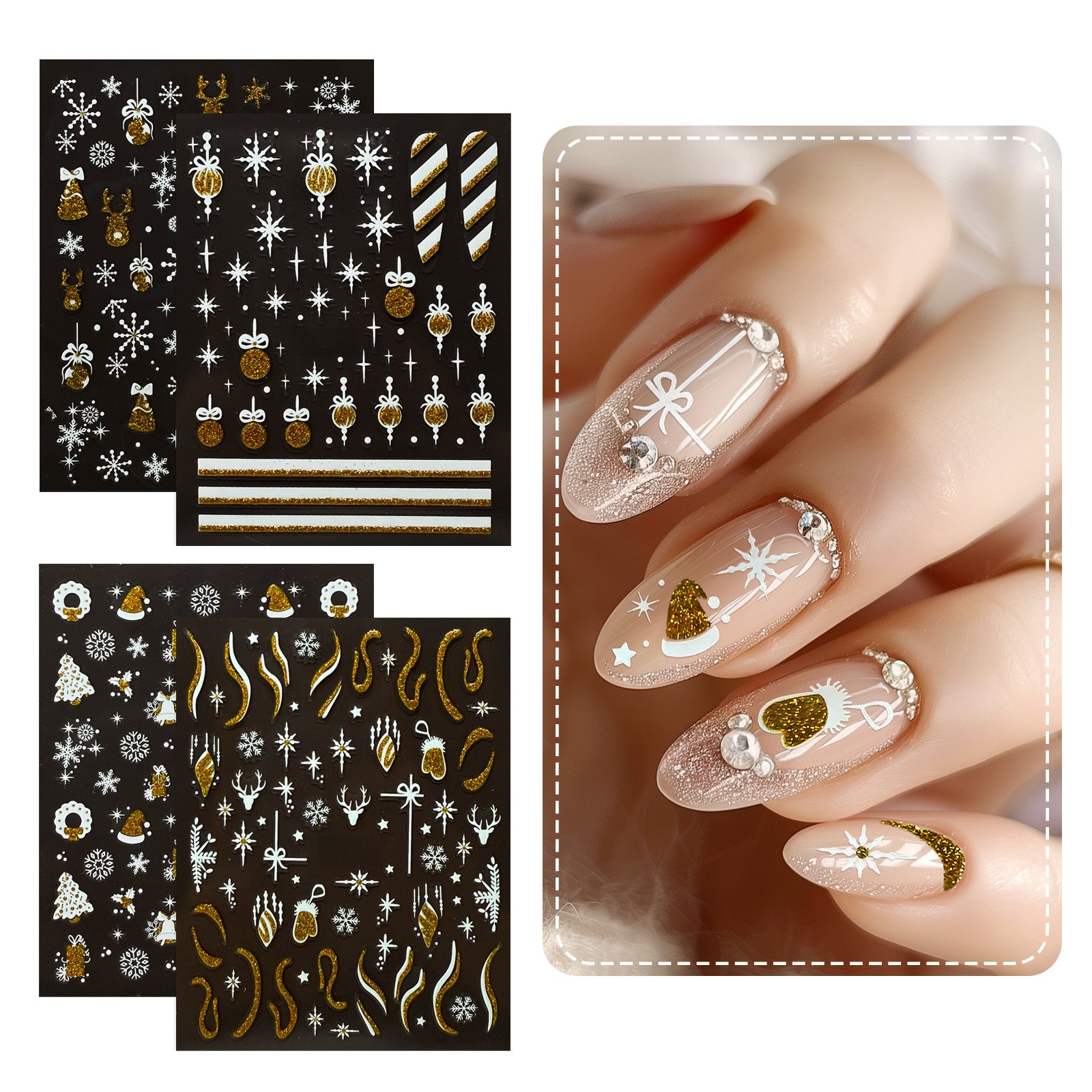 Wrapables 5D Embossed Festive Holiday Nail Art Decal Stickers, Self Adhesive Xmas Design (Set of 4)