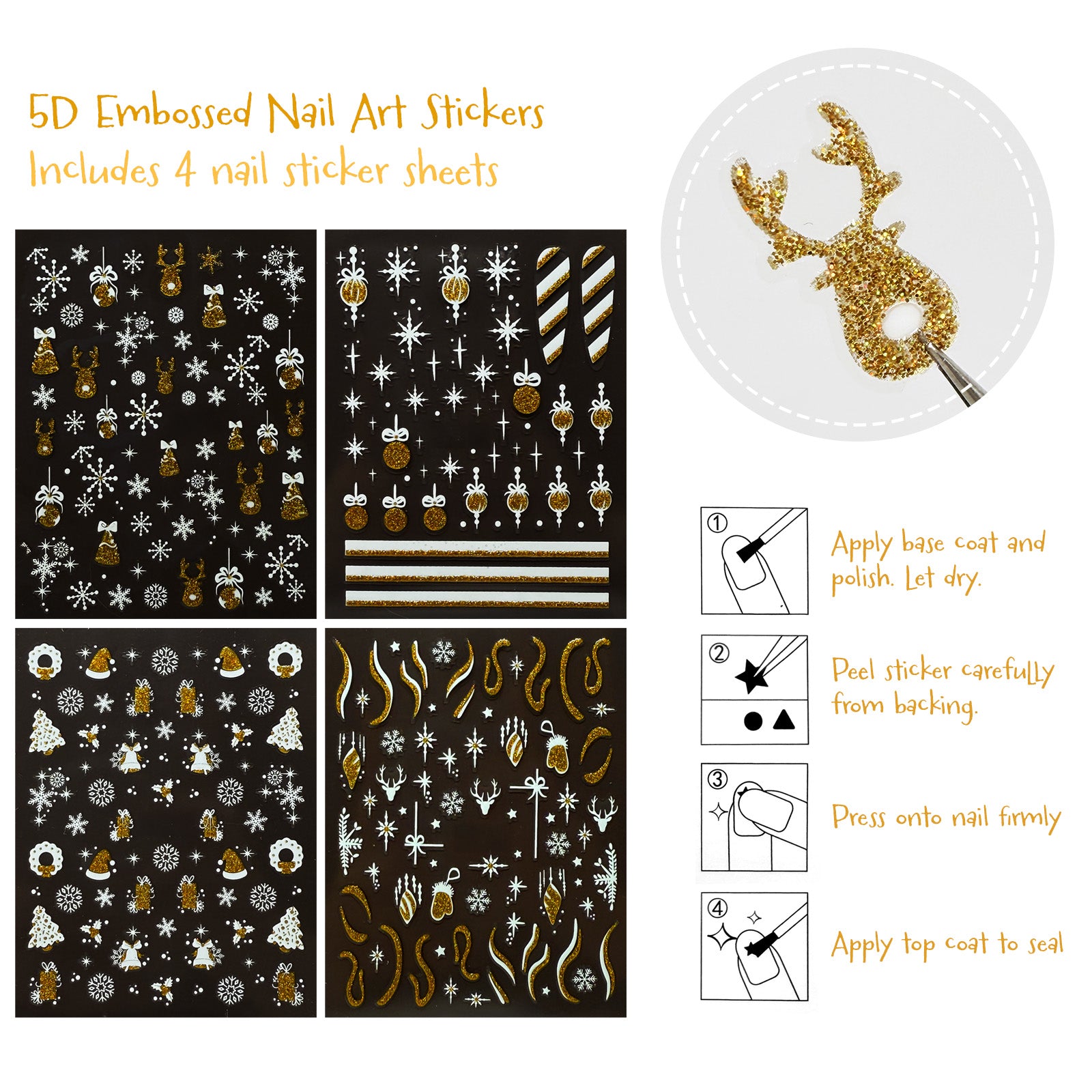 Wrapables 5D Embossed Festive Holiday Nail Art Decal Stickers, Self Adhesive Xmas Design (Set of 4)