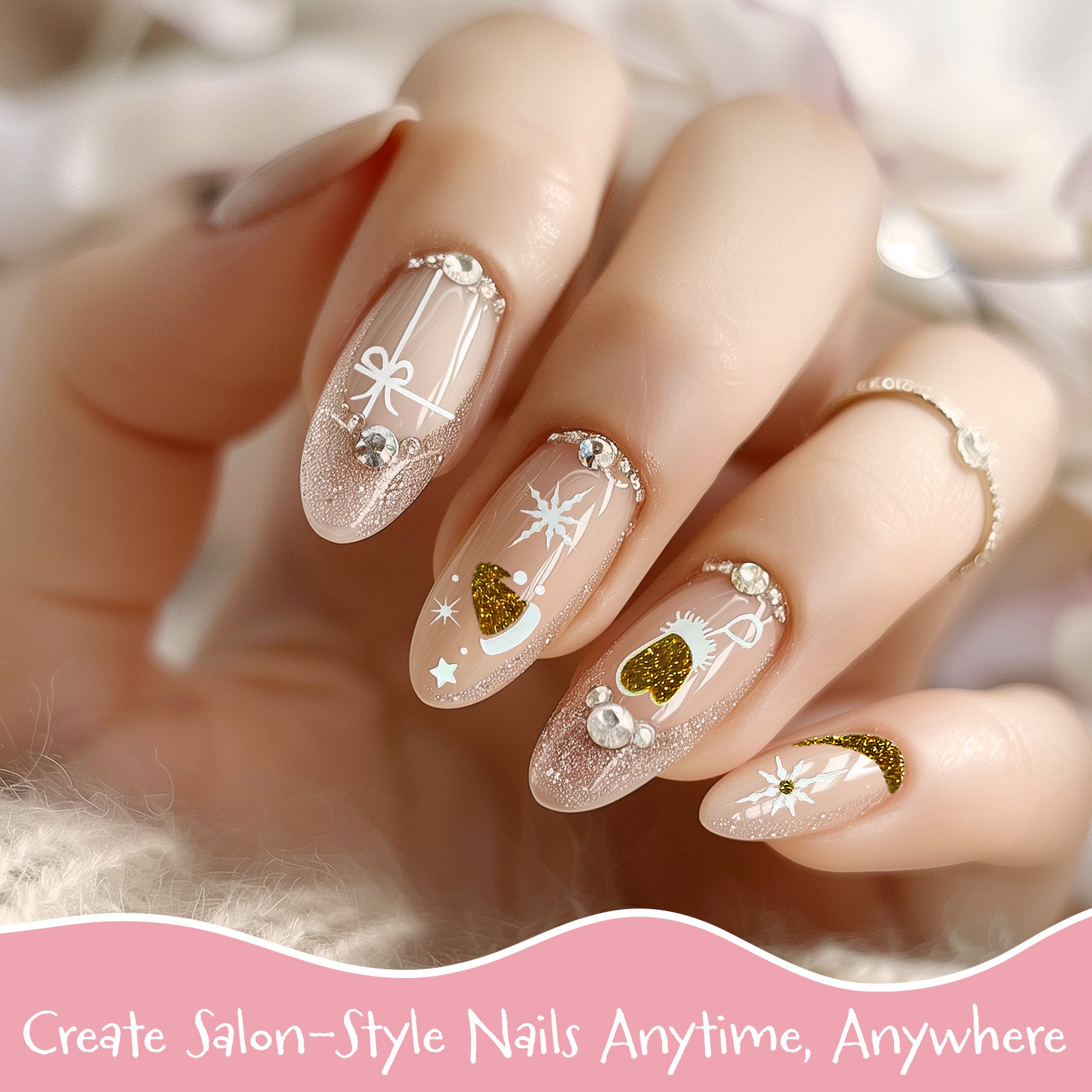 Wrapables 5D Embossed Festive Holiday Nail Art Decal Stickers, Self Adhesive Xmas Design (Set of 4)
