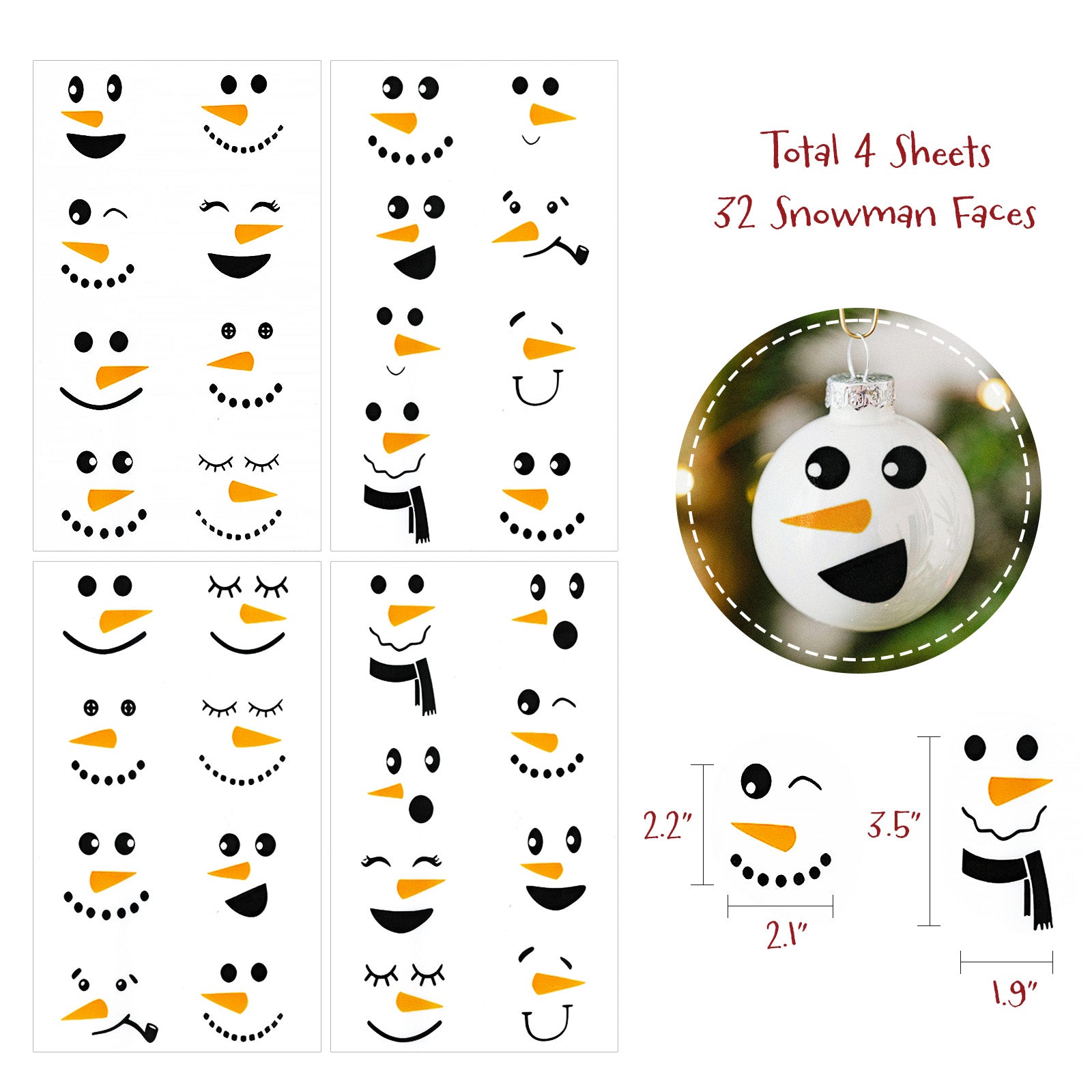 Wrapables Snowman Face Stickers for Crafts, Christmas Decoration for Windows, Refrigerators, Water Bottles, Cups