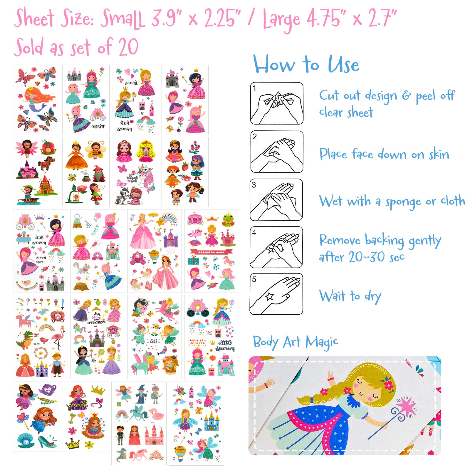 Wrapables Waterproof Temporary Tattoos for Children, 20 Sheets, Lovely Princesses