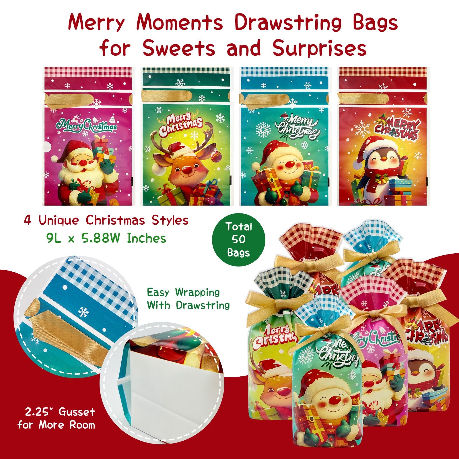 Wrapables Christmas Drawstring Treat Bags for Candy, Cookies, Treats, Gifts and Party Favors (50pcs)