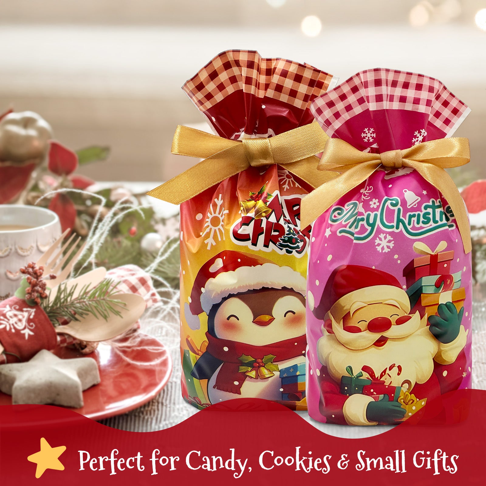 Wrapables Christmas Drawstring Treat Bags for Candy, Cookies, Treats, Gifts and Party Favors (50pcs)