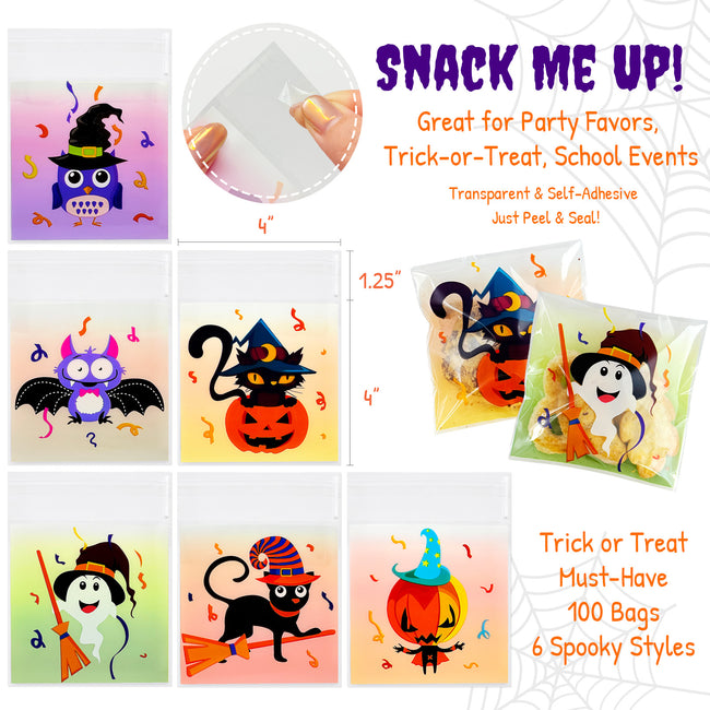 Wrapables Transparent Self-Adhesive 4" x 4" Candy and Cookie Bags for Party Favors, Trick or Treating (100pcs), Halloween