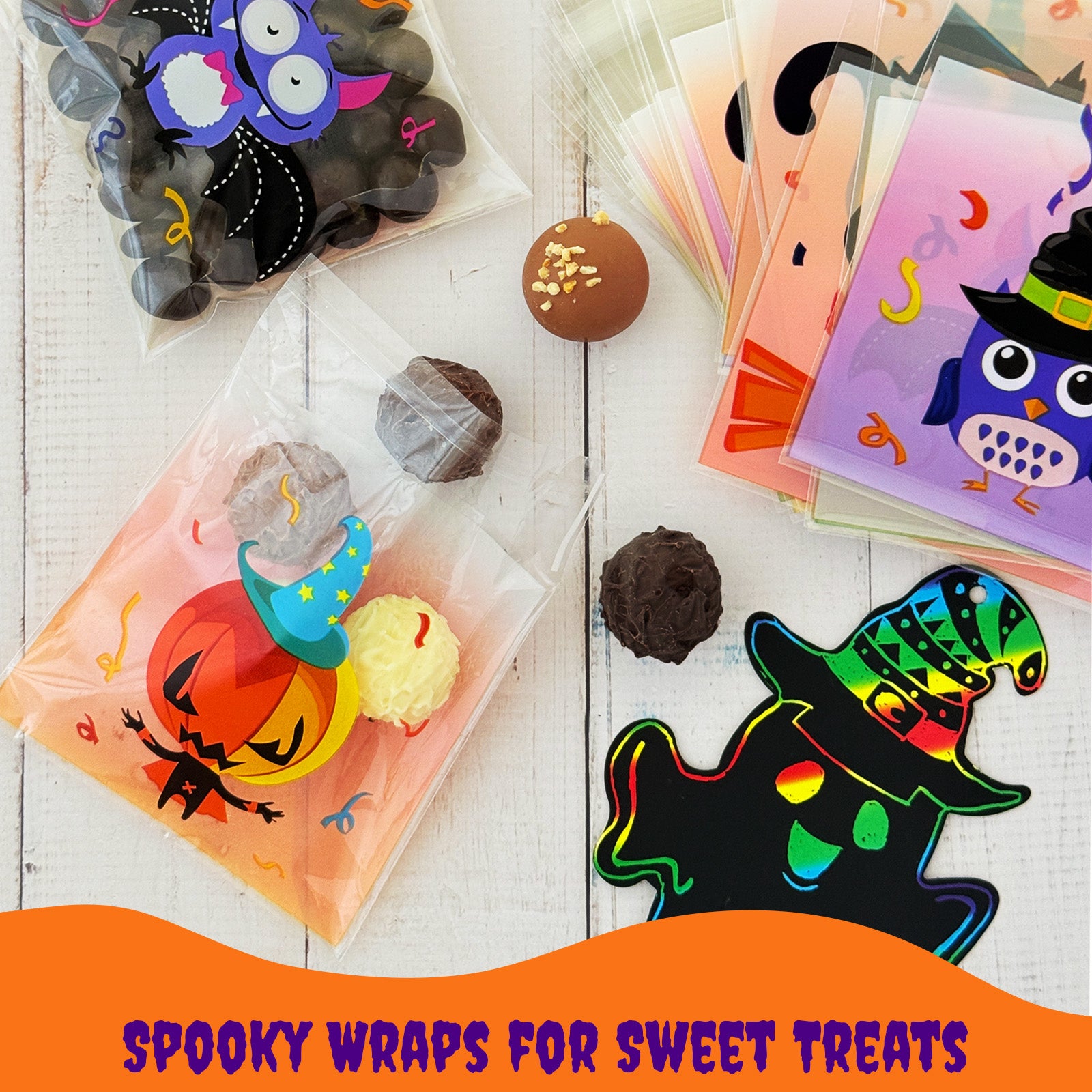 Wrapables Transparent Self-Adhesive 4" x 4" Candy and Cookie Bags for Party Favors, Trick or Treating (100pcs), Halloween