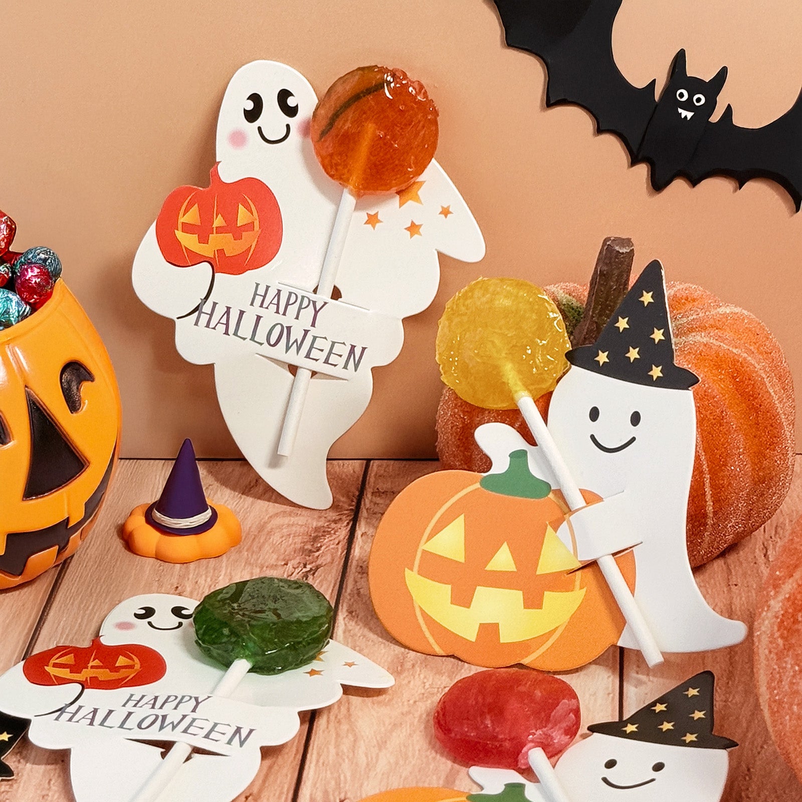 Wrapables Halloween Lollipop Paper Card Candy Holders, Party Supplies, Decorations, Party Favors (100pcs), Ghosts and Pumpkins