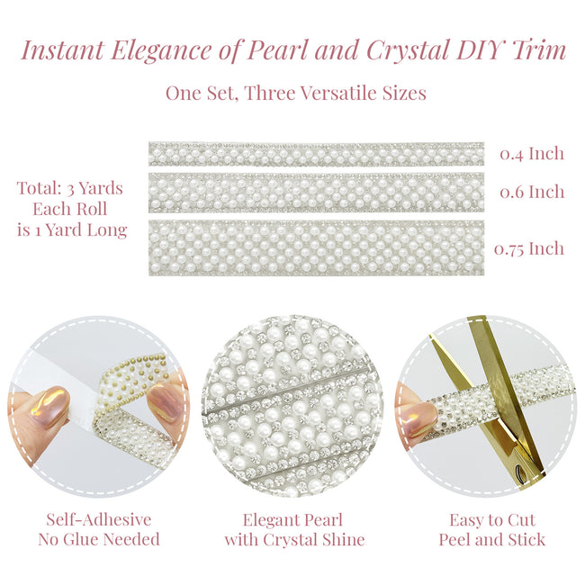 Wrapables 3 Yards Self Adhesive Pearl and Crystal Rhinestone Ribbons, Tape Strips Trim for DIY Crafts Wedding Party Decoration (Set of 3)