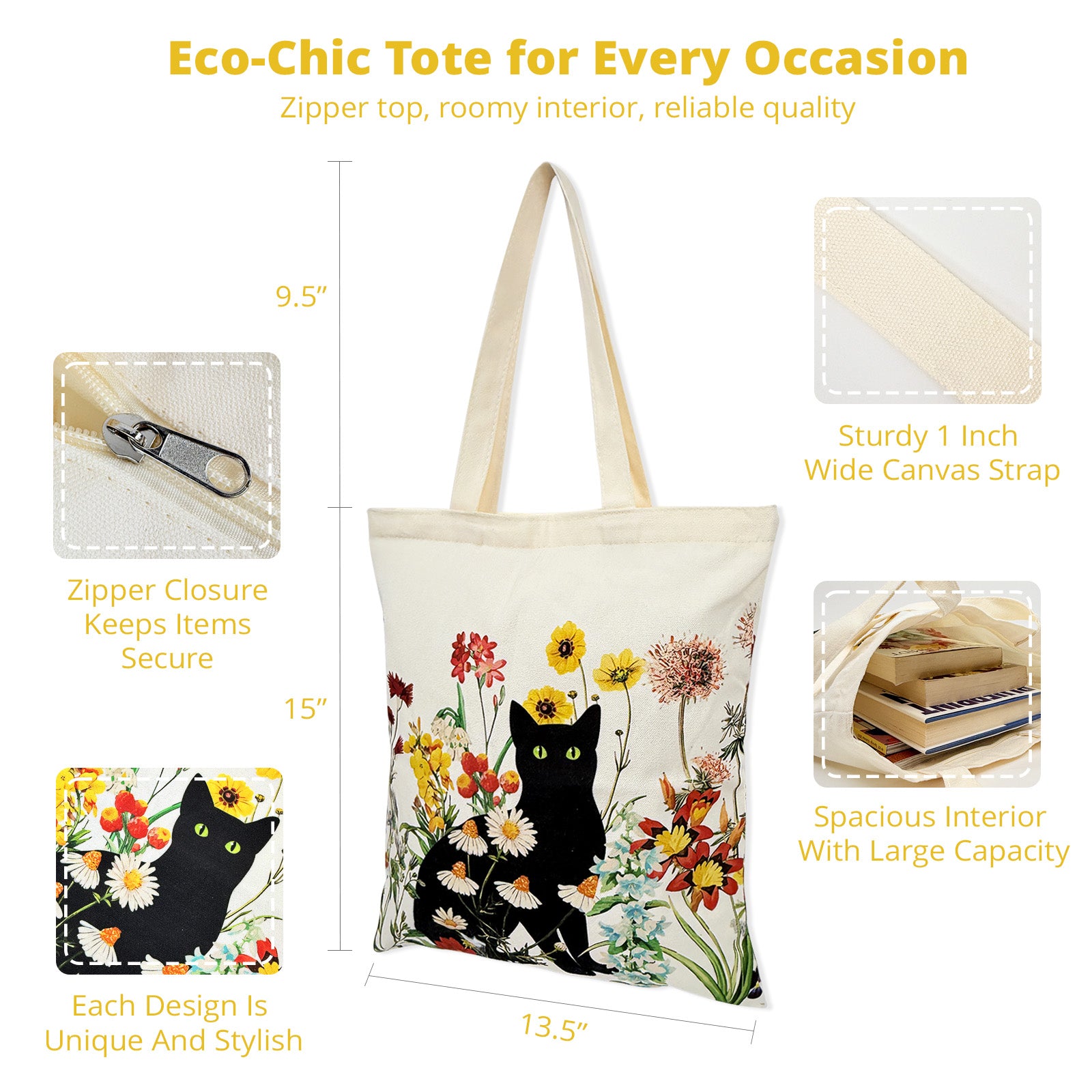 Wrapables Zippered Canvas Tote Bag, Reusable Grocery Shopping Bag