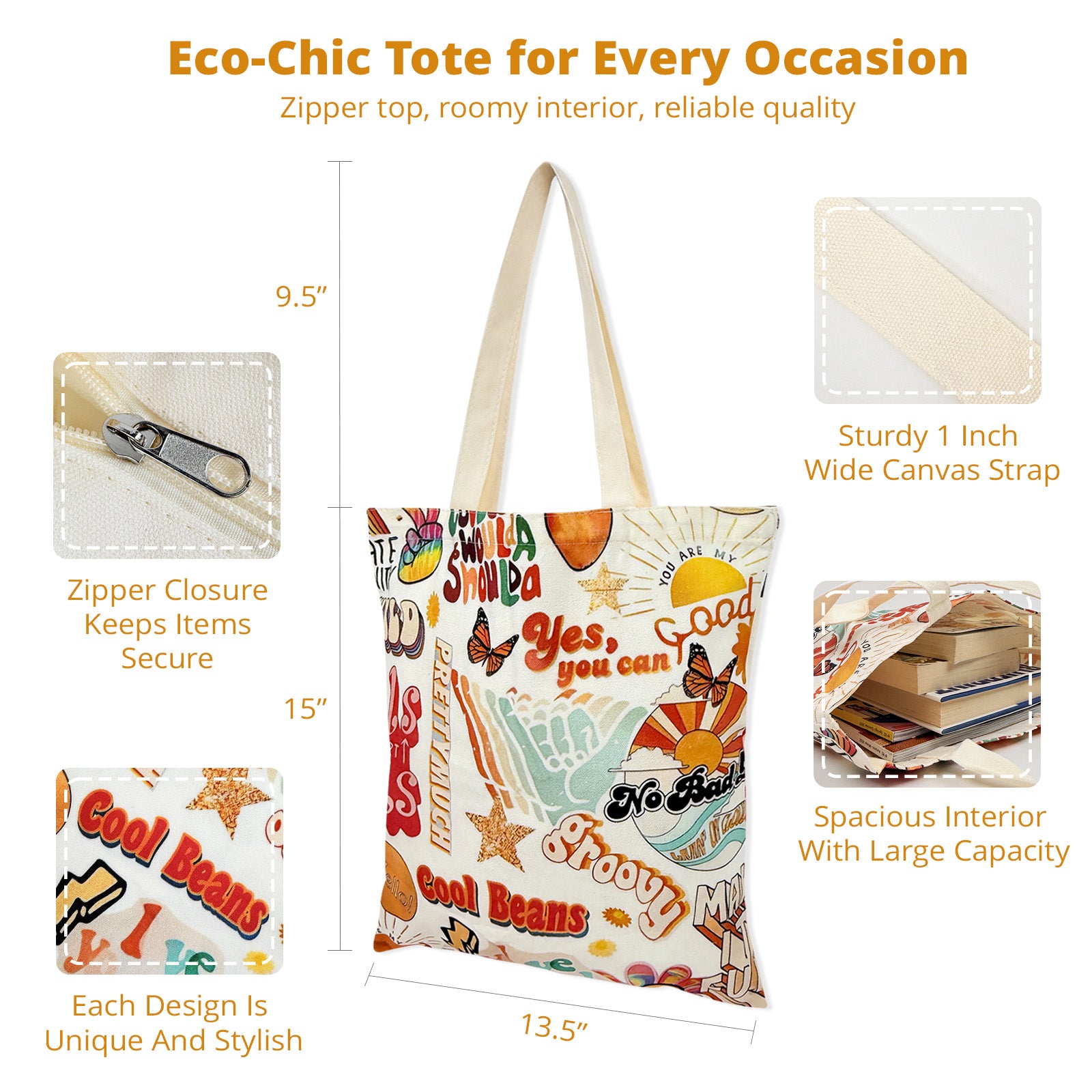 Wrapables Zippered Canvas Tote Bag, Reusable Grocery Shopping Bag