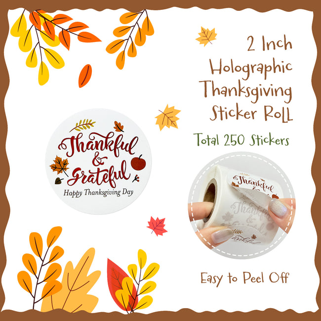 Wrapables 2 Inch Thankful and Grateful Thanksgiving Autumn Thank You Sticker Roll, Sealing Labels for Cards, Bags, Gift Boxes, Party Favors (250pcs)