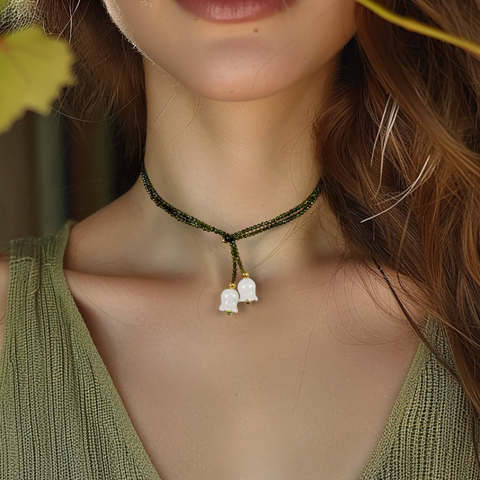 Wrapables Lily of the Valley Peridot Green Beaded Necklace
