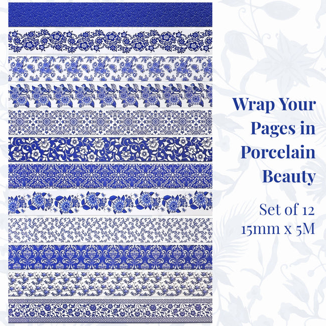 Wrapables Blue and White Porcelain Vintage Floral Chinoiserie Washi Tape Set for DIY, Arts and Crafts, Scrapbooking, Journals, Gift Wrapping (12 Rolls)