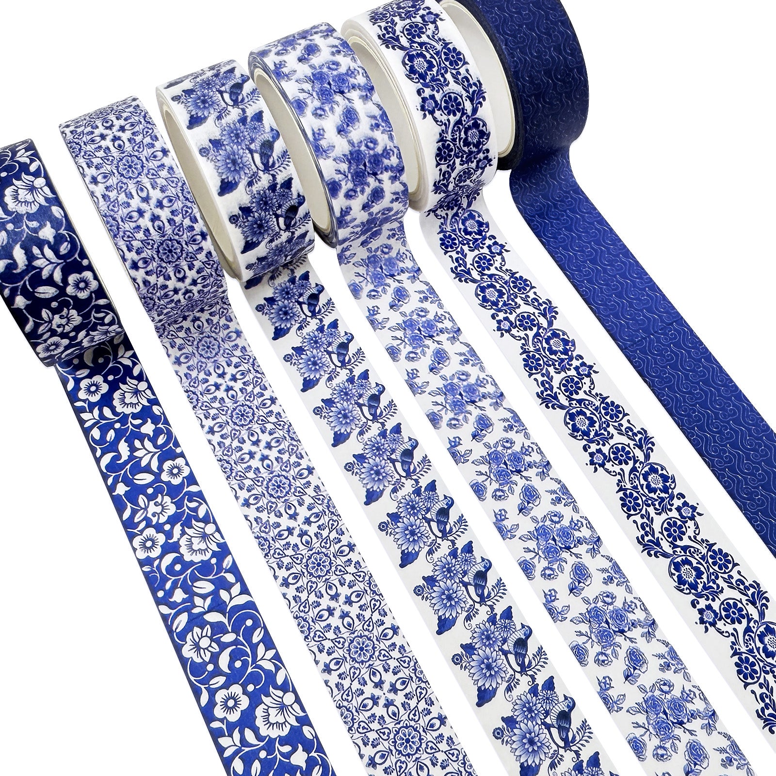 Wrapables Blue and White Porcelain Vintage Floral Chinoiserie Washi Tape Set for DIY, Arts and Crafts, Scrapbooking, Gift Wrapping (12 Rolls)