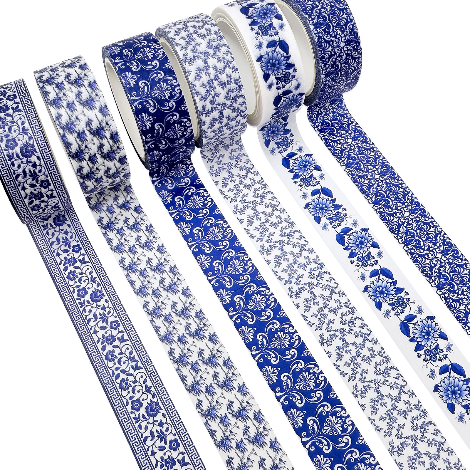 Wrapables Blue and White Porcelain Vintage Floral Chinoiserie Washi Tape Set for DIY, Arts and Crafts, Scrapbooking, Gift Wrapping (12 Rolls)