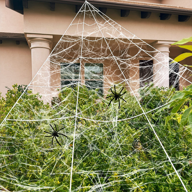 Wrapables 16ft Giant Triangular Spider Web Kit with Cobwebs and 2 Small Spiders, Indoor Outdoor Haunted House Halloween Decor