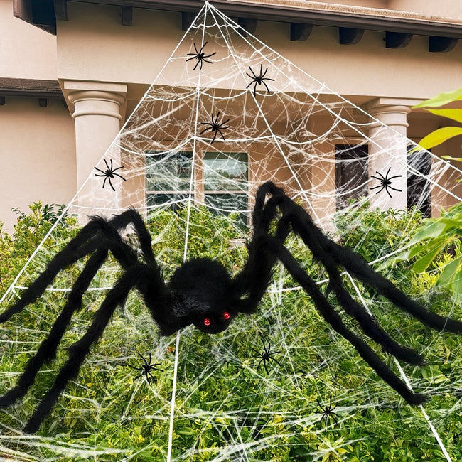Wrapables 16ft Giant Triangular Spider Web Kit with Cobwebs and 5ft Large Spider + 20 Small Spiders, Indoor Outdoor Haunted House Halloween Decor