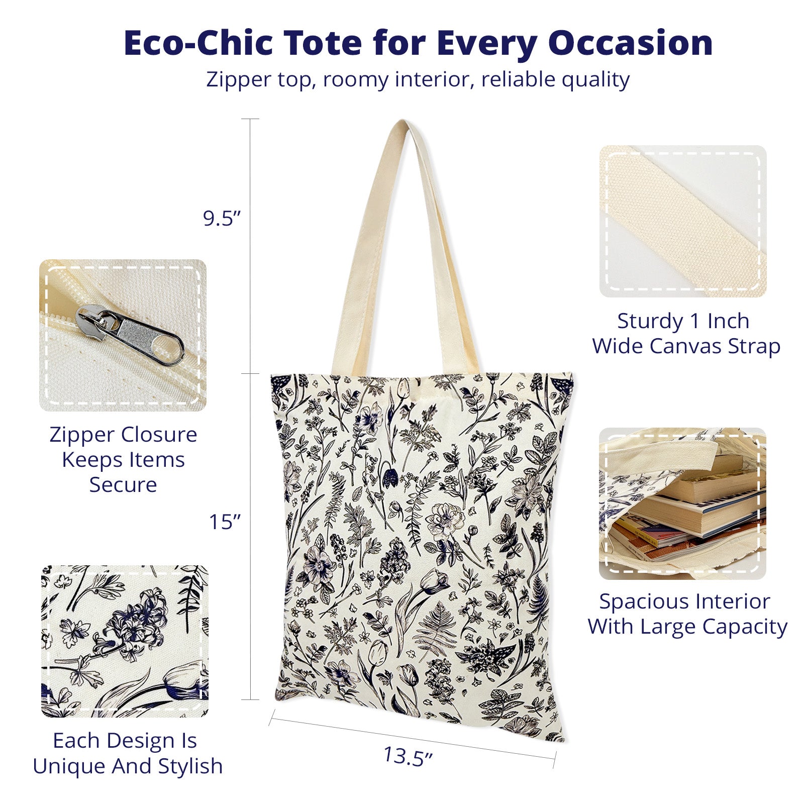 Wrapables Zippered Canvas Tote Bag, Reusable Grocery Shopping Bag