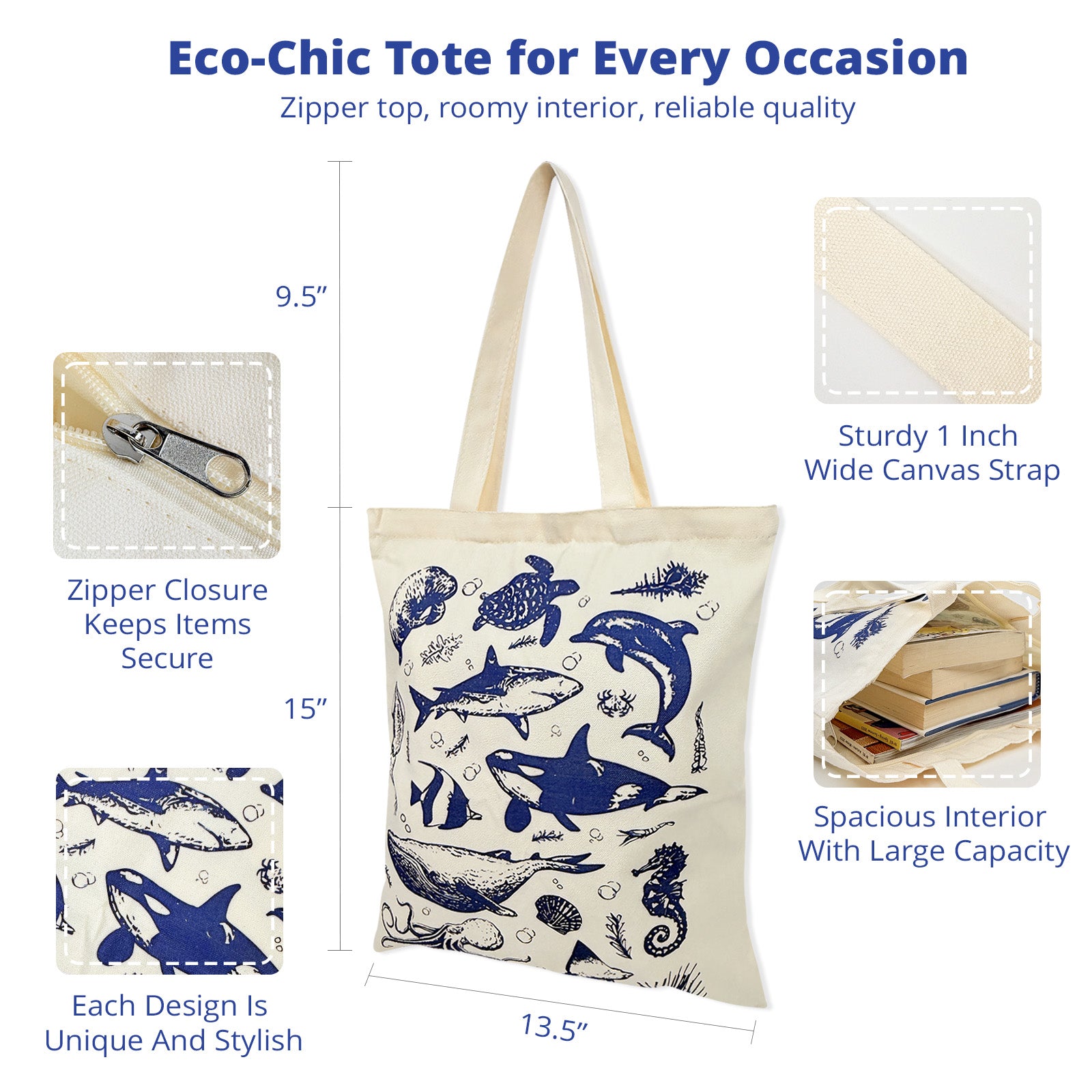 Wrapables Zippered Canvas Tote Bag, Reusable Grocery Shopping Bag