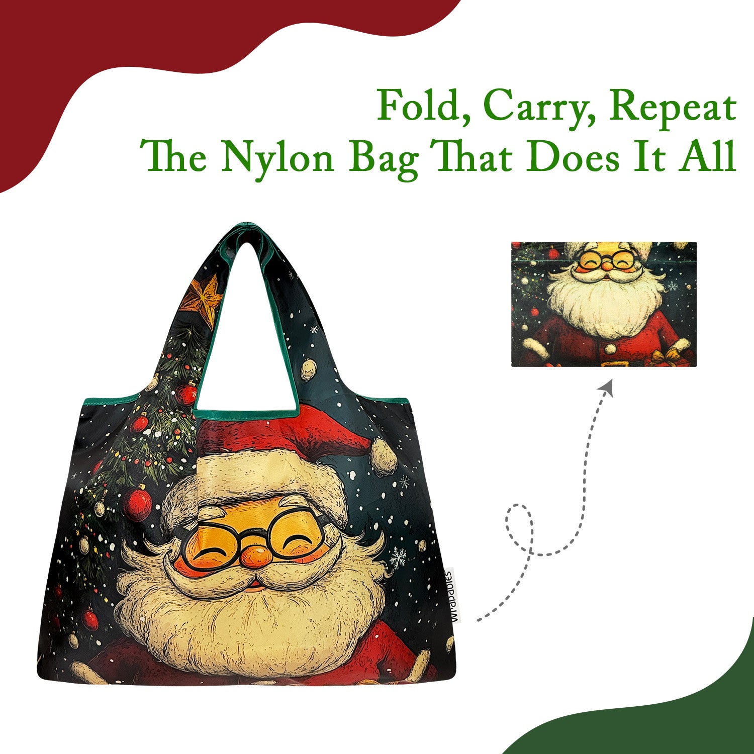 Wrapables Large Foldable Christmas Holiday Nylon Reusable Grocery Bag