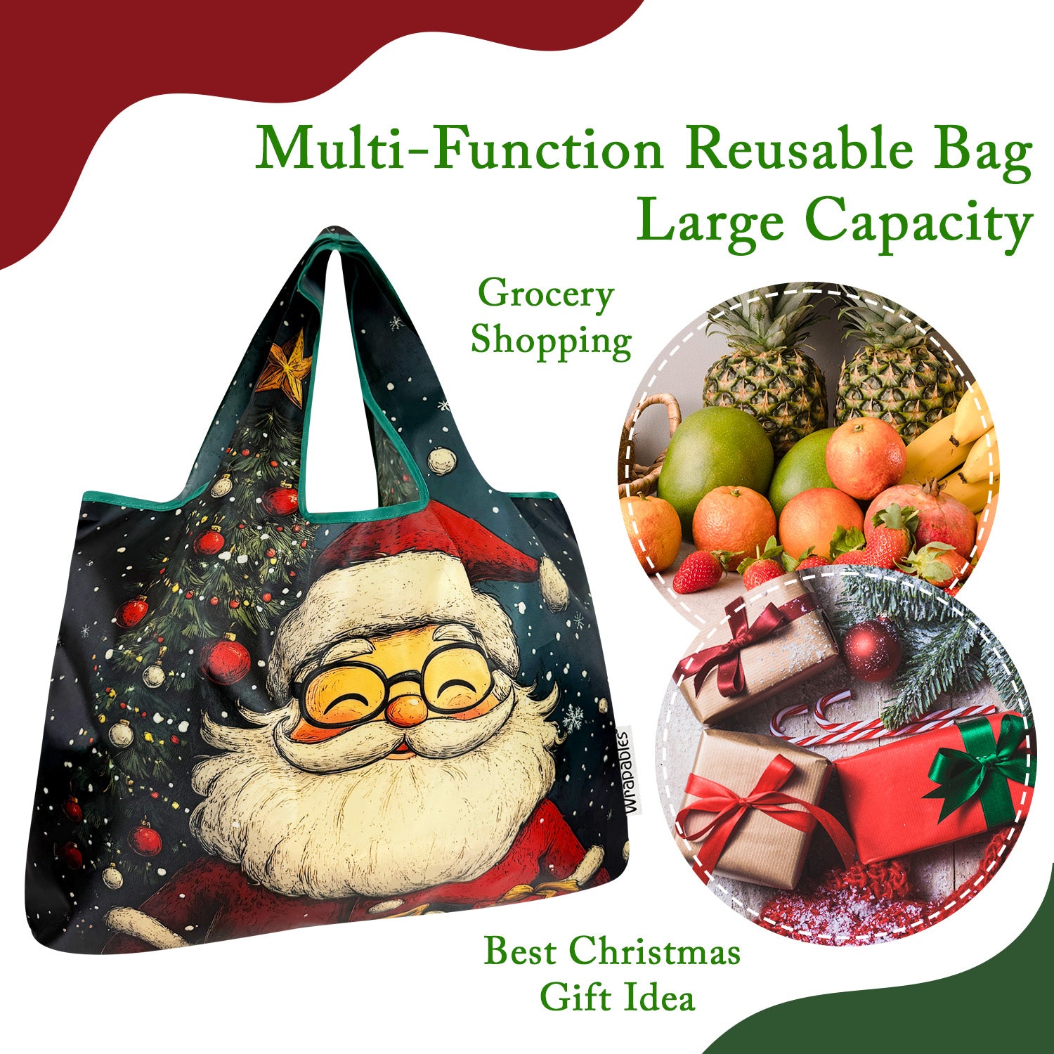 Wrapables Large Foldable Christmas Holiday Nylon Reusable Grocery Bag